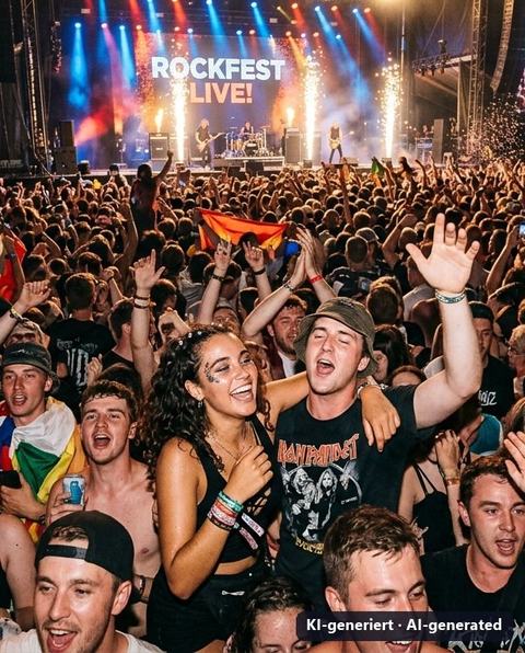 Freunde feiern gemeinsam im Publikum eines Festivals