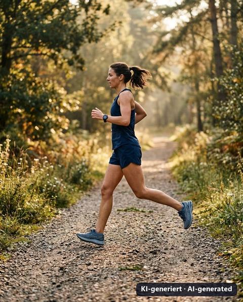 Läuferin mit Smartwatch auf einem Waldweg